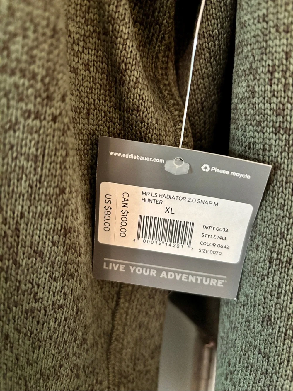Eddie Bauer Men’s NWT Olive Green Radiator Snap-Placket Pullover - XL